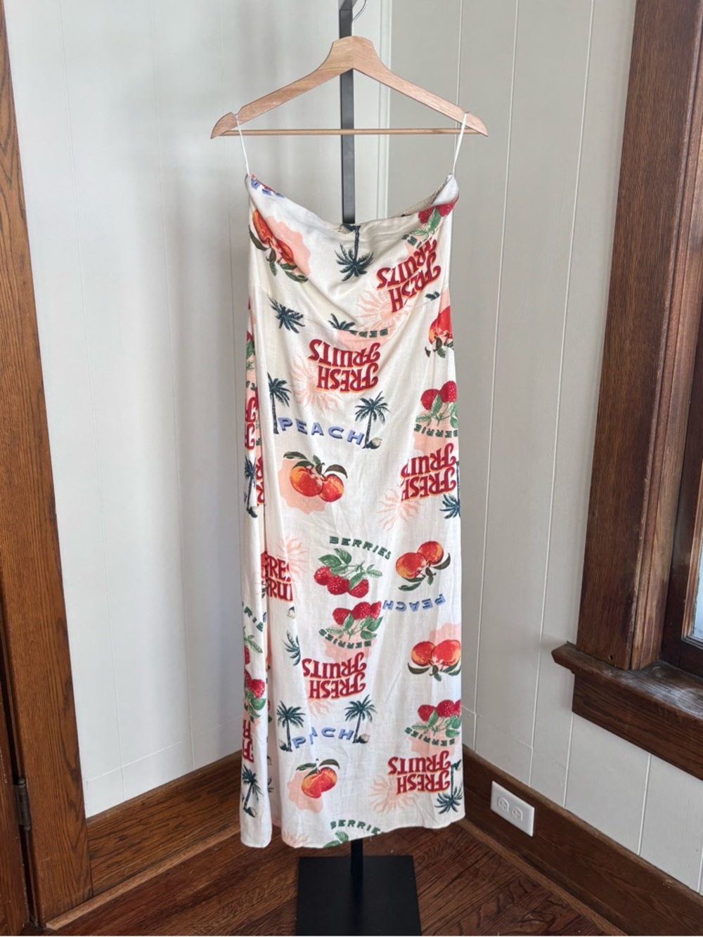 Paper Heart Fruit Strapless Beach Maxi Dress White Linen Blend Slit Women XL NWT
